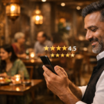 modern restaurant in Hyderabad with customers dining happily, a restaurant owner checking Google reviews on a smartphone