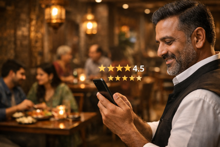 modern restaurant in Hyderabad with customers dining happily, a restaurant owner checking Google reviews on a smartphone